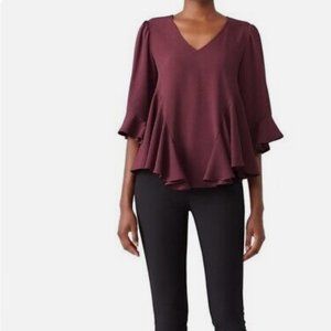 Drew Anthropologie XS Burgundy V Neck Bell Sleeve Dillone Top